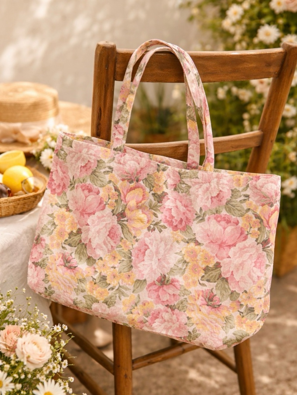 Sezane Floral Pink Garden Tote Bag - Women Bags